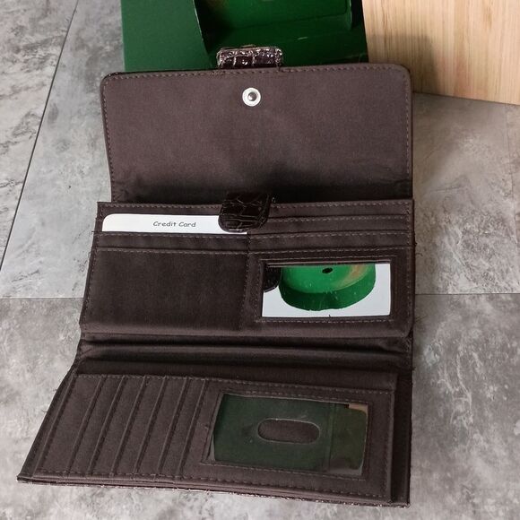 Womens Wallet with Silver Buckle Cardholder Dark Brown Crocodile Embossed - Picture 8 of 9